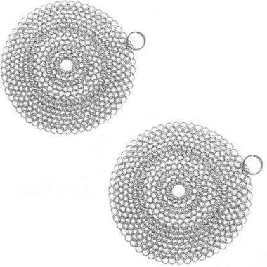 2PCS Cast Iron Skillet Cleaner Chainmail, Premium Stainless Steel Chain Maille Scrubber for Cast Iron Pans,Stainless Steel, Glassware (7IN Round)