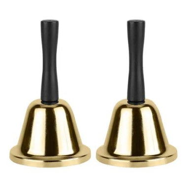 2Pcs Gold Hand Bell, Steel Call Bell for Wedding, Men, Women, Dinner Bells for Food Line, Classroom Bells for Inside, Alarm, Jingles, Ringing, Golden
