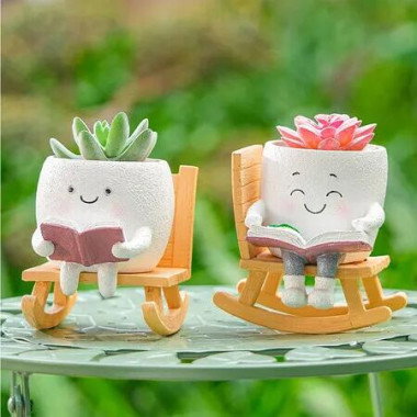 2Pcs Smiley Face Reading Flower Pot,Unique Rocking Chair-Style Resin Plant Pot with Drainage Holes,Suitable for Indoor/Outdoor Planting and Home Decor