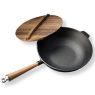 Detailed information about the product 2X 31cm Commercial Cast Iron Wok FryPan Fry Pan With Wooden Lid