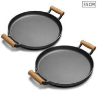 Detailed information about the product 2X 35cm Cast Iron Frying Pan Skillet Steak Sizzle Fry Platter With Wooden Handle No Lid