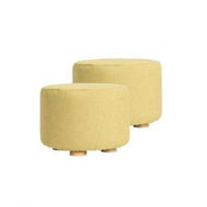 Detailed information about the product 2X Fabric Ottoman Round Wooden Leg Foot Stool - Mustard Yellow