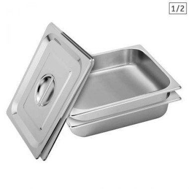 2x Gastronorm GN Pan Full Size 1/2 GN Pan 6.5cm Deep Stainless Steel Tray With Lid.