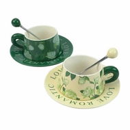 Detailed information about the product 2X High-Fired Ceramic Porcelain Cup & Saucer Set 300ml Vintage Floral Tea Spoon GREEN