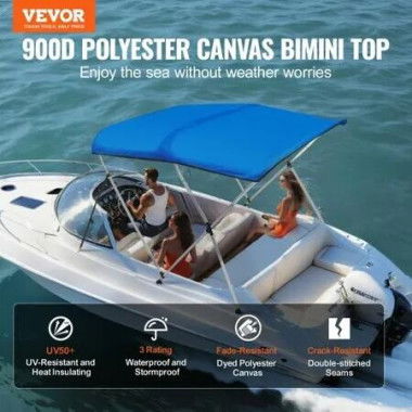 3 Bow Bimini Top Boat Cover, 900D Polyester Canopy with 1 Aluminum Alloy Frame, Waterproof and Sun Shade, Includes Storage Boot, 2 Support Poles, 4 Straps, 6'L x 46H x 61-66W, Pacific Blue