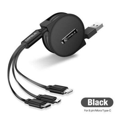 3-in-1 Charging Cable: Winding Lightning Cable Micro/Type C 47.2 Inches (120 Cm) Black.