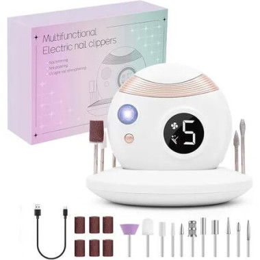 3 in 1 Cordless Nail Drill, Portable Electric Nail Clipper, Manicure Pedicure Polishing Shape Tool with Nail Drill Bits (White)