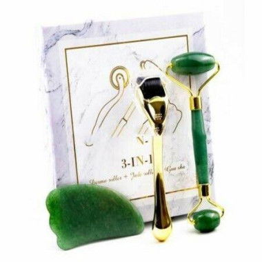 3-in-1 Derma Roller Jade Roller And Gua Sha Facial Tool Set. With Titanium Microneedle Roller.