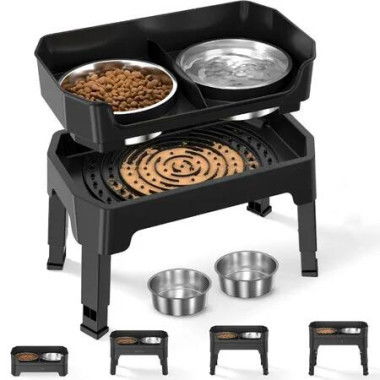 3 in 1 Elevated Dog Bowls Mess Proof Raised Dogs Bowls 4 Height Adjustable Dogs Bowl Stand with 2 Stainless Steel Dog Food Bowl