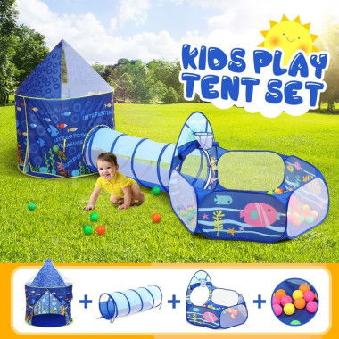 3-In-1 Kids Play Tent House Baby Crawl Tunnel Ball Pit With Basketball Hoop