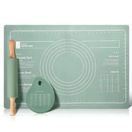 Detailed information about the product 3 in 1 Silicone Measuring Kneading Pad Set Household Food Grade Rolling Pin Dough Large Thick Non-slip Non-stick Bottom Baking Tool Green