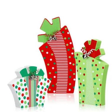 3 Pcs Christmas Table Centerpiece Decoration Red Green Wooden Gift Box Sign Rustic Sanding Tabletop Ornament with Bells for Holiday Xmas