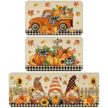 3 Pcs Fall Pumpkin Kitchen Mat Washable Rug Non Slip Doormat Waterproof Kitchen Farmhouse Decor for Home Floor Office Bathroom