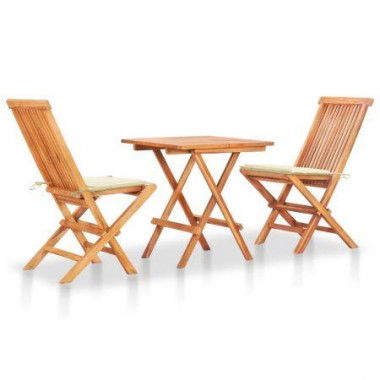 3 Piece Bistro Set With Cream Cushions Solid Teak Wood