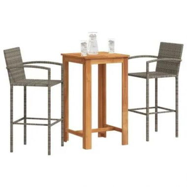 3 Piece Garden Bar Set Grey Solid Wood Acacia and Poly Rattan