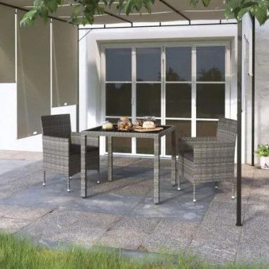 3 Piece Garden Dining Set Poly Rattan and Tempered Glass Grey