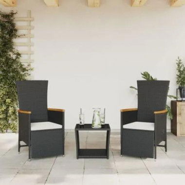 3 Piece Garden Dining Set with Cushions Black Poly Rattan