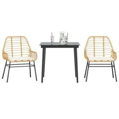 3 Piece Garden Dining Set with Cushions Brown Poly Rattan Glass