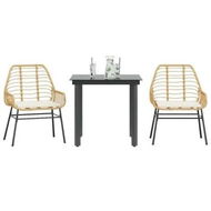 Detailed information about the product 3 Piece Garden Dining Set with Cushions Brown Poly Rattan Glass