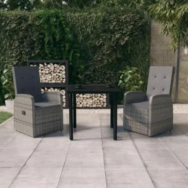 3 Piece Garden Dining Set with Cushions Grey