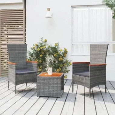 3 Piece Garden Lounge Set Grey Poly Rattan&Solid Wood Acacia