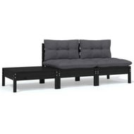 Detailed information about the product 3 Piece Garden Lounge Set With Cushions Black Solid Pinewood