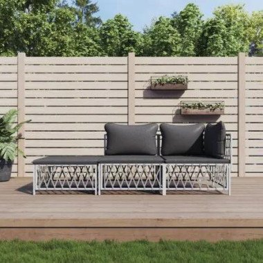 3 Piece Garden Lounge Set with Cushions White Steel