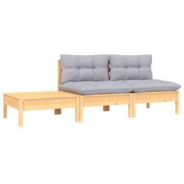 3 Piece Garden Lounge Set With Grey Cushions Solid Pinewood