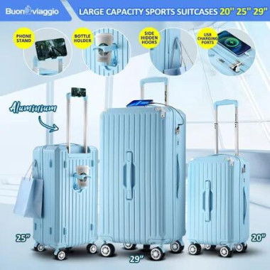 3 Piece Luggage Set Carry On Hard Shell Travel Suitcases Lightweight Checked Sports Cabin Bag Case Rolling Trolley USB Charging Ports Phone Cup Holder