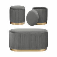 Detailed information about the product 3 Piece Set Storage Ottoman - Velvet Bench Stool FAYE - GREY