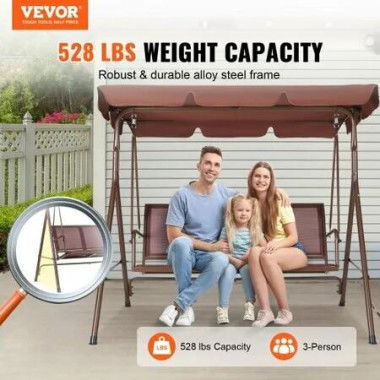 3-Seat Patio Swing Chair, Outdoor Patio Swing with Adjustable Canopy, Porch Swing with Armrests, Teslin Fabric and Alloy Steel Frame, for Balcony, Backyard, Patio, Garden, Poolside, Brown