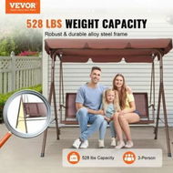 Detailed information about the product 3-Seat Patio Swing Chair, Outdoor Patio Swing with Adjustable Canopy, Porch Swing with Armrests, Teslin Fabric and Alloy Steel Frame, for Balcony, Backyard, Patio, Garden, Poolside, Brown