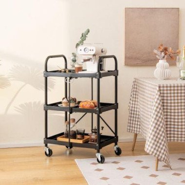 3-Tier Folding Trolley Cart With Universal Wheels And Handrails For Home/Office/Kitchen.