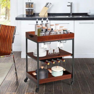 3-Tier Kitchen Island Cart With Wine Rack & Glass Holders & Handle