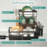 Detailed information about the product 3-tier stainless steel dish drainer with drip tray, black draining tray with wine glass holder, removable cutlery rack for organising the kitchenr