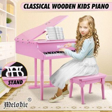 30-Key Piano Children Kids Grand Piano Wood Toy With Bench Music Stand - Pink Melodic.