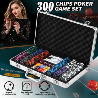 300Pcs Casino Poker Chips Texas Holdem Blackjack Playing Card Club Party Gambling Game Set Professional Dice Blinds Denomination Aluminium Travel Case