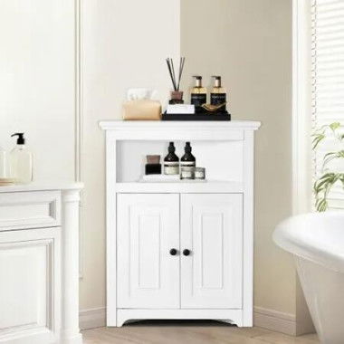 32 Corner Storage Cabinet with 2 Wooden Doors & Adjustable Shelves White