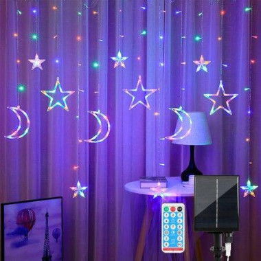 3.5m Solar Lights Outdoor Moons Stars PVC String Lights USB Rechargeable Remote Twinkle Fairy Lights for Patio Gazebo Ramadan Porch MultiColor