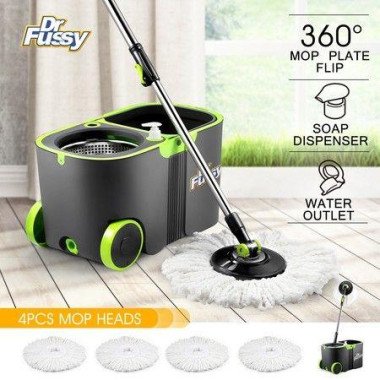 360-Degree Spin Rotating Mop And Bucket Set With Wheels And 4 Microfiber Mop Heads.