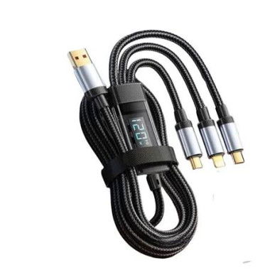 3in1 120W USB C USB Lighting Fast Charging Cable with LED Display 1.2M Charging Cable 6A Reinforced Braided Cable