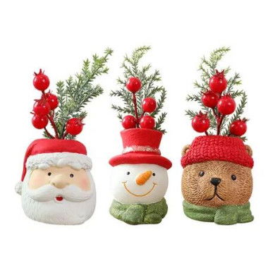 3Pcs Christmas Artificial Resin Mini Red Berry Planter Santa Snowman Small Faux Pot Plants Christmas Decorations for Home Decor