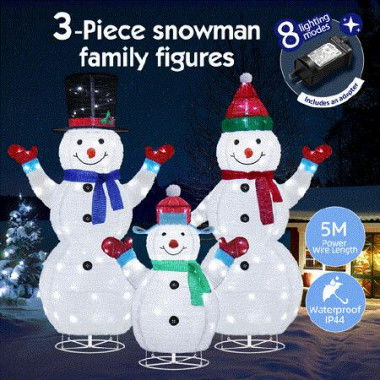 3pcs Christmas Snowman Family Figures 3D Decorations LED Lights Xmas Decor Home Outdoor Garden Yard Holiday Display Ornaments