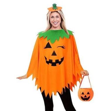 3Pcs Halloween Pumpkin Costume Set for Women, Pumpkin Poncho for Women with Headband and Bag, Halloween Costume for Women