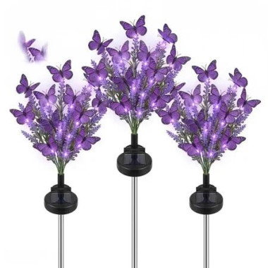 3PCS Lavender Butterfly Solar Power Garden Light Outdoor Landscape Halloween Ground Lamp Waterproof Pathway Christmas Holiday Decoration for Yard Lawn