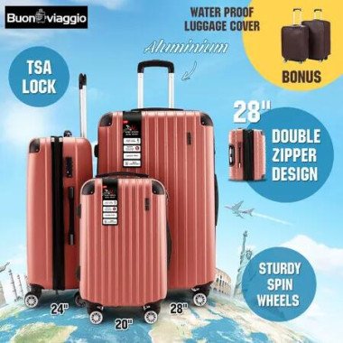 3Pcs Suitcase Luggage Set Expandable Hard Shell Carry On Travel Trolley Lightweight Cabin TSA Lock 2 Covers Rose Gold