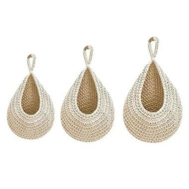 3PCS White Cotton Rope Boho Teardrop Hanging Fruit Baskets for Kitchen Handwoven Wall Planters Hooks Green Basket Decor Vegetable Storage Bag