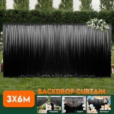 3x6m Black Backdrop Curtain Silk Drape Background Photo Party Wedding Birthday Stage Booth Venue Xmas Decoration