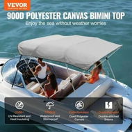 Detailed information about the product 4 Bow Bimini Top Boat Cover, 900D Polyester Canopy with 1 Aluminum Alloy Frame, Waterproof and Sun Shade, Includes Storage Boot, 2 Support Poles, 4 Straps, 8'L x 54H x 91-96W, Light Grey