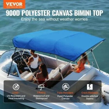 4 Bow Bimini Top Boat Cover, 900D Polyester Canopy with 1 Aluminum Alloy Frame, Waterproof and Sun Shade, Includes Storage Boot, 2 Support Poles, 4 Straps, 8'L x 54H x 91-96W, Pacific Blue